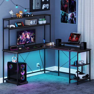 L-Shaped Reversible Gaming Desk with LED Strip and Power Outlets Hutch Monitor Stand-Gray view 3