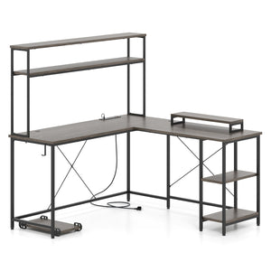 L-Shaped Reversible Gaming Desk with LED Strip and Power Outlets Hutch Monitor Stand-Gray view 4