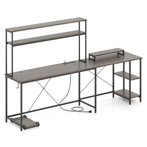 L-Shaped Reversible Gaming Desk with LED Strip and Power Outlets Hutch Monitor Stand-Gray view 6