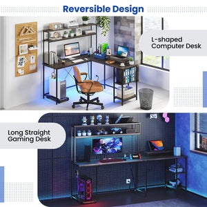 L-Shaped Reversible Gaming Desk with LED Strip and Power Outlets Hutch Monitor Stand-Gray view 7