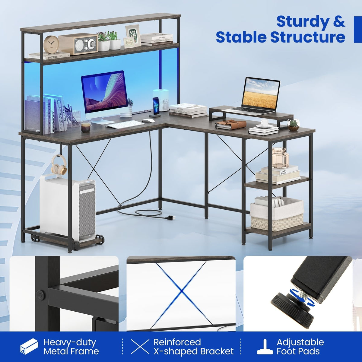 L-Shaped Reversible Gaming Desk with LED Strip and Power Outlets Hutch Monitor Stand-Gray view 8