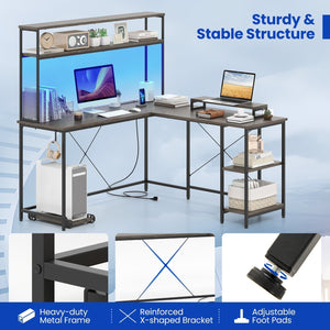 L-Shaped Reversible Gaming Desk with LED Strip and Power Outlets Hutch Monitor Stand-Gray view 8