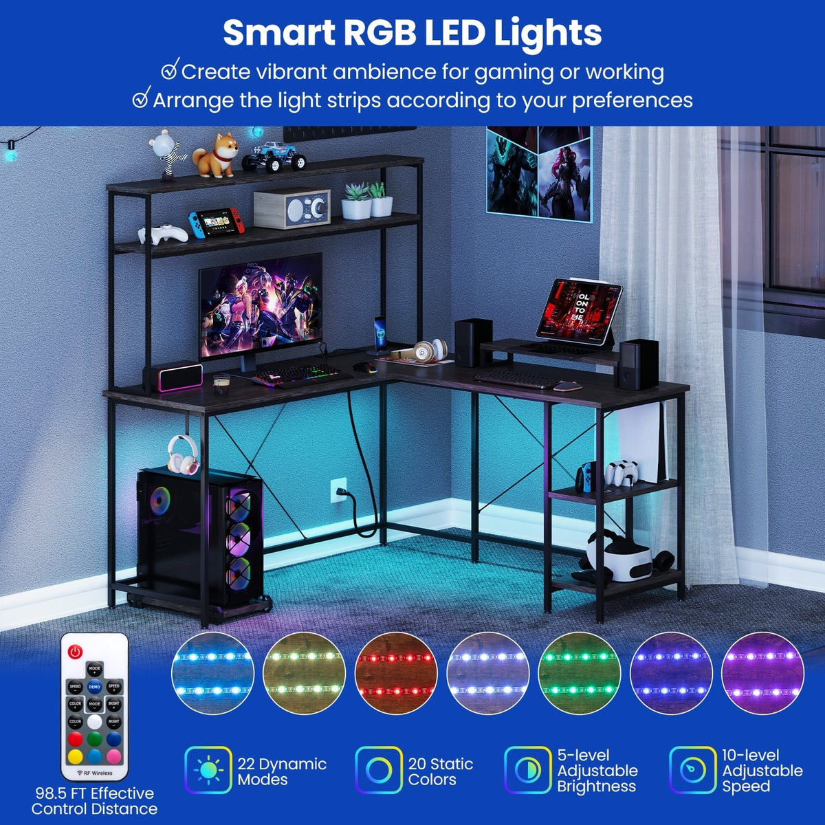 L-Shaped Reversible Gaming Desk with LED Strip and Power Outlets Hutch Monitor Stand-Gray view 9