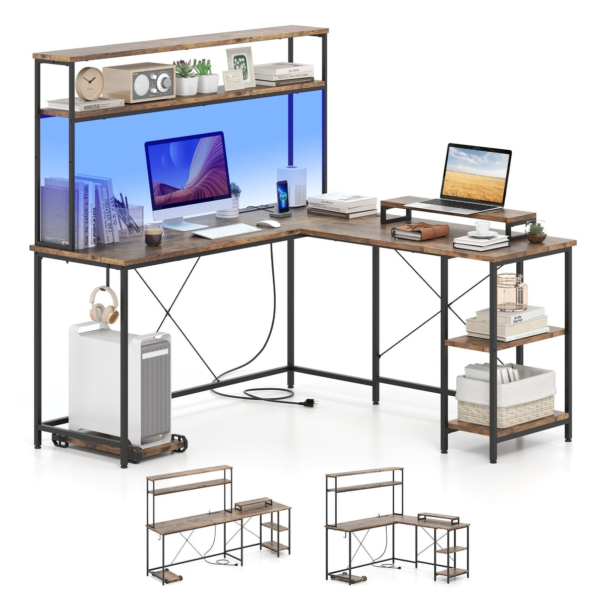 L-Shaped Reversible Gaming Desk with LED Strip and Power Outlets Hutch Monitor Stand-Rustic Brown