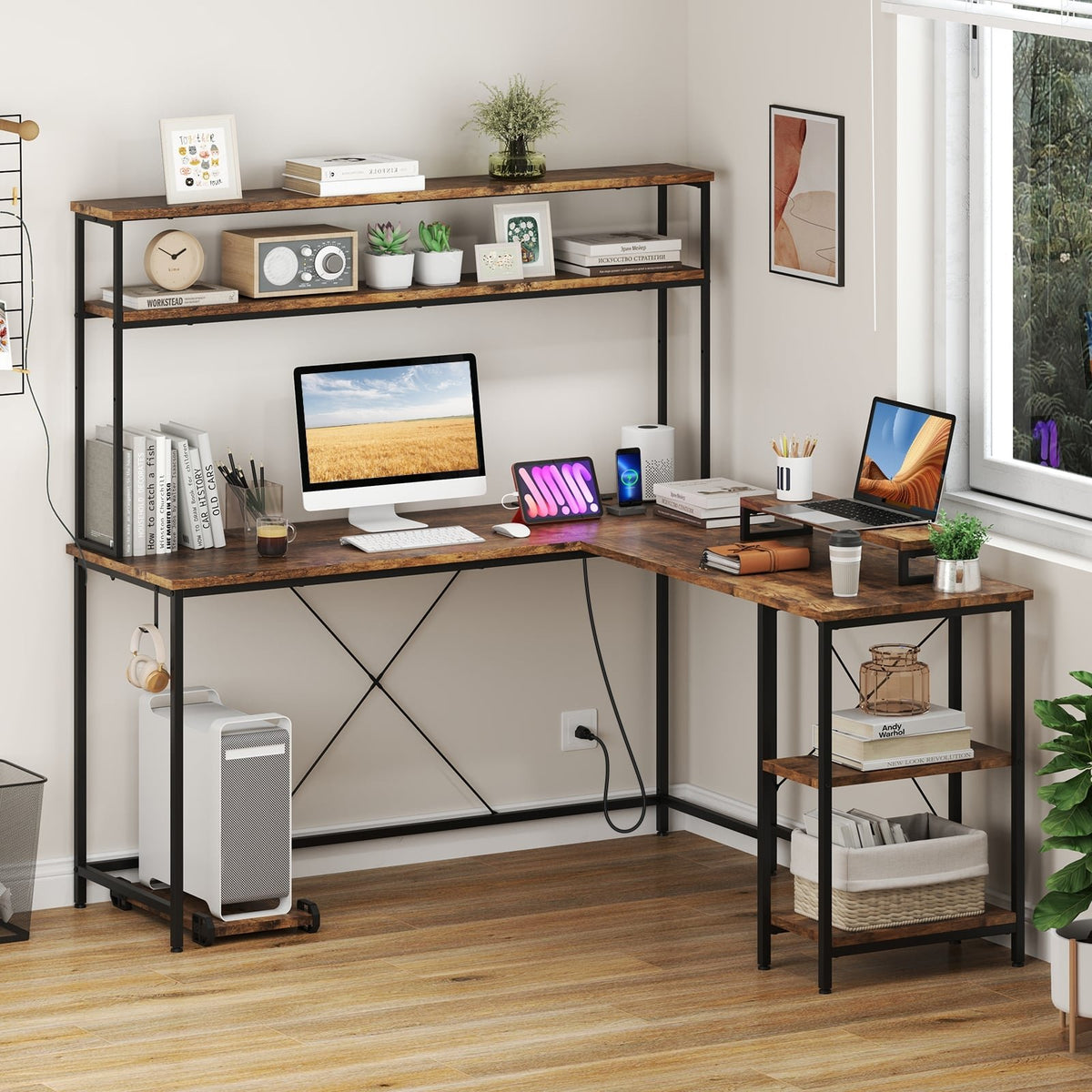 L-Shaped Reversible Gaming Desk with LED Strip and Power Outlets Hutch Monitor Stand-Rustic Brown view 2