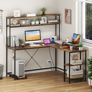 L-Shaped Reversible Gaming Desk with LED Strip and Power Outlets Hutch Monitor Stand-Rustic Brown view 2