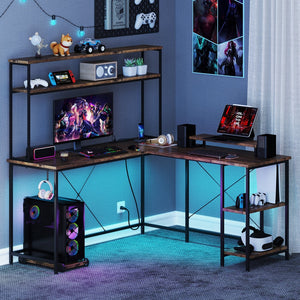 L-Shaped Reversible Gaming Desk with LED Strip and Power Outlets Hutch Monitor Stand-Rustic Brown view 3