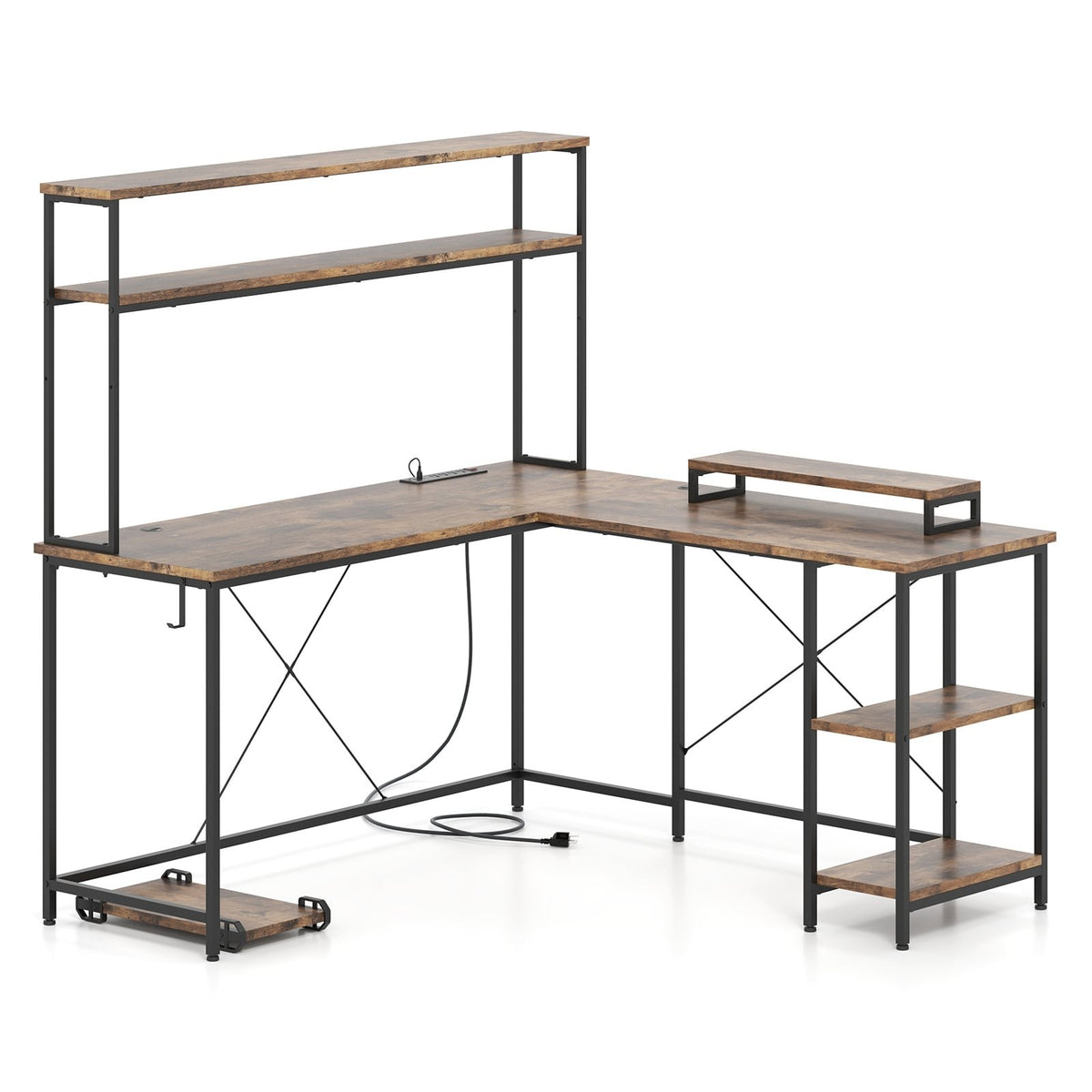 L-Shaped Reversible Gaming Desk with LED Strip and Power Outlets Hutch Monitor Stand-Rustic Brown view 4
