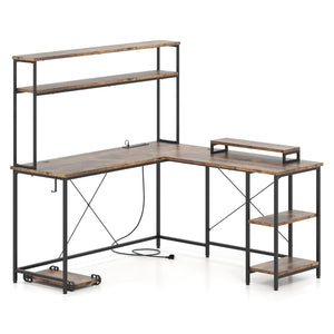 L-Shaped Reversible Gaming Desk with LED Strip and Power Outlets Hutch Monitor Stand-Rustic Brown view 4