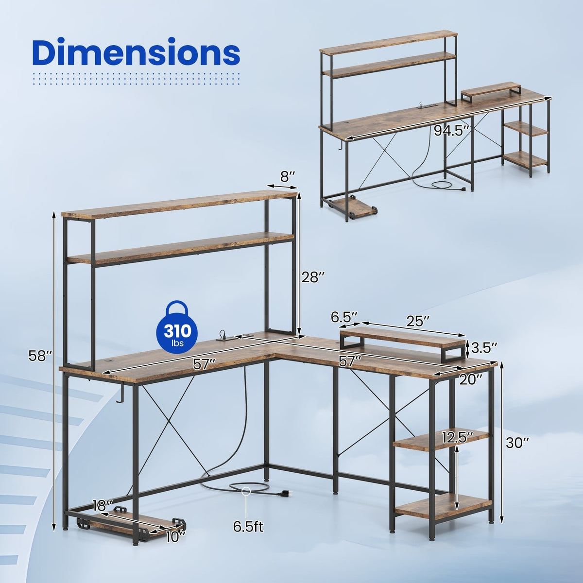 L-Shaped Reversible Gaming Desk with LED Strip and Power Outlets Hutch Monitor Stand-Rustic Brown view 5