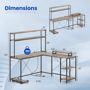 L-Shaped Reversible Gaming Desk with LED Strip and Power Outlets Hutch Monitor Stand-Rustic Brown view 5