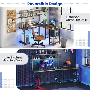 L-Shaped Reversible Gaming Desk with LED Strip and Power Outlets Hutch Monitor Stand-Rustic Brown view 7