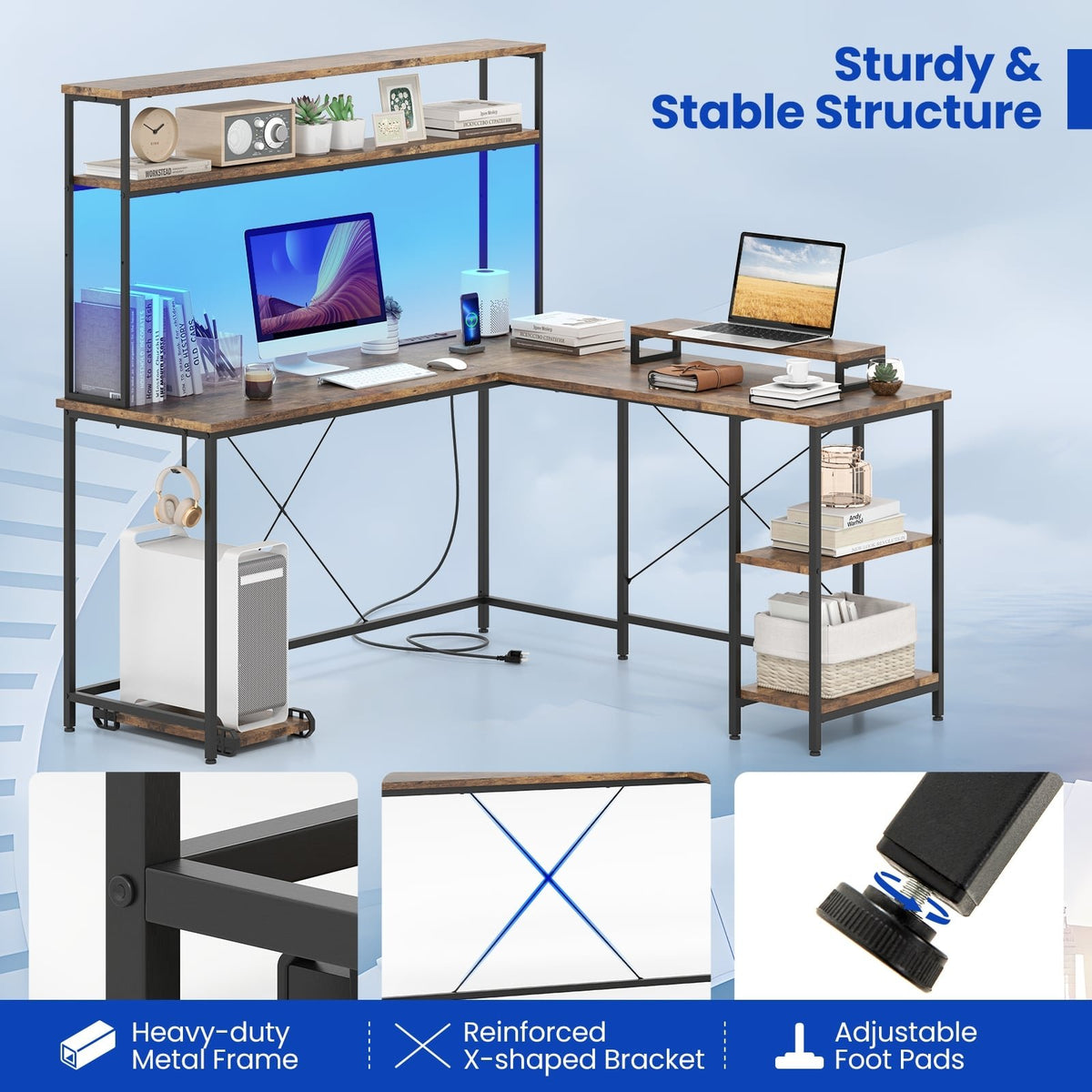 L-Shaped Reversible Gaming Desk with LED Strip and Power Outlets Hutch Monitor Stand-Rustic Brown view 8