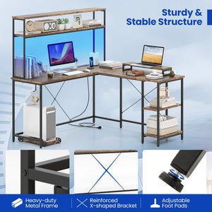 L-Shaped Reversible Gaming Desk with LED Strip and Power Outlets Hutch Monitor Stand-Rustic Brown view 8