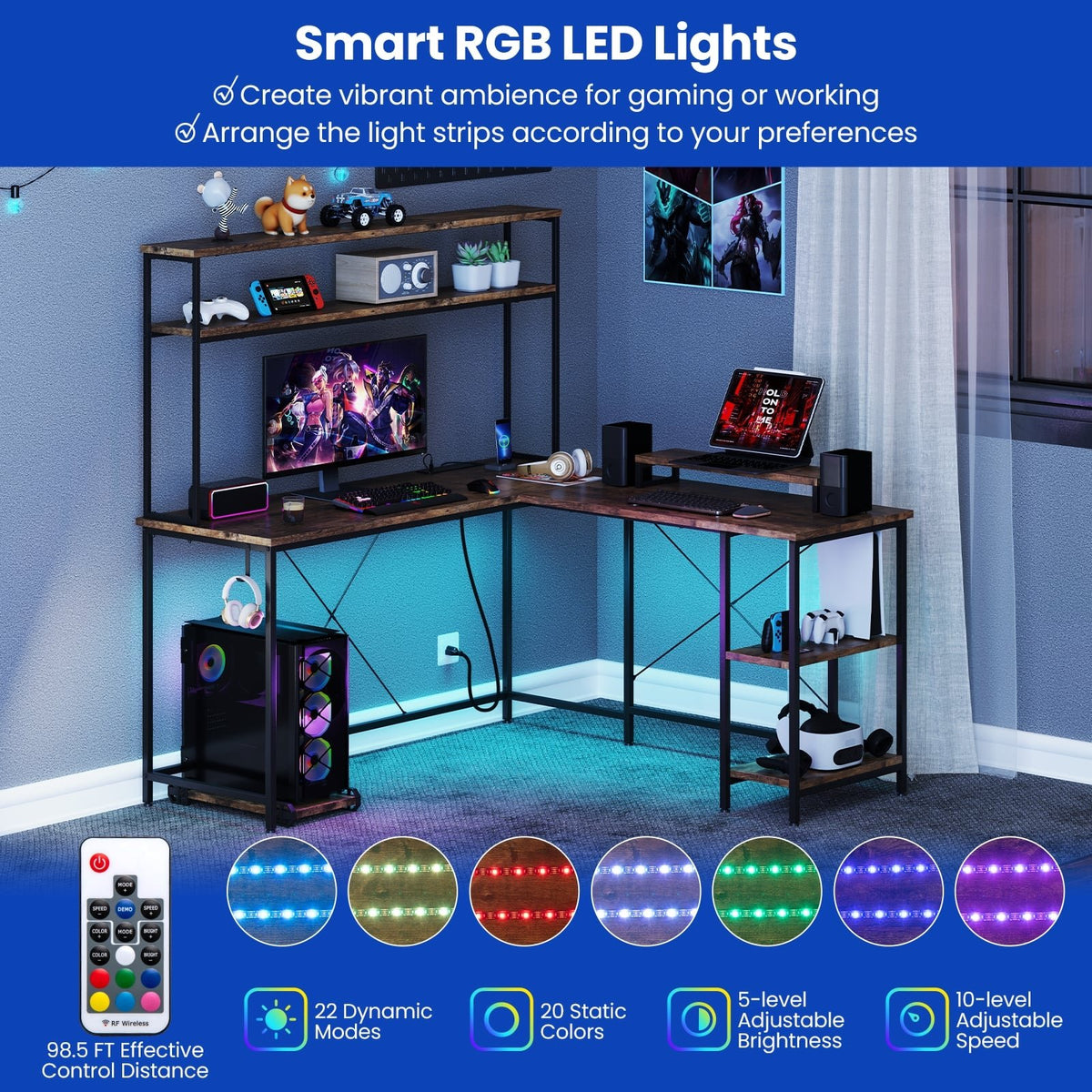 L-Shaped Reversible Gaming Desk with LED Strip and Power Outlets Hutch Monitor Stand-Rustic Brown view 9