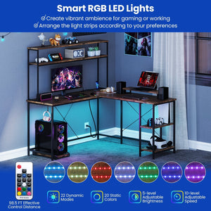 L-Shaped Reversible Gaming Desk with LED Strip and Power Outlets Hutch Monitor Stand-Rustic Brown view 9