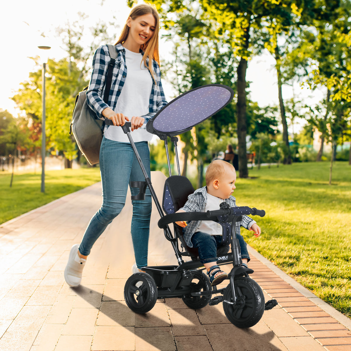 Qaba 6 in 1 Kids Tricycle with Removable Handlebar and Canopy, Navy