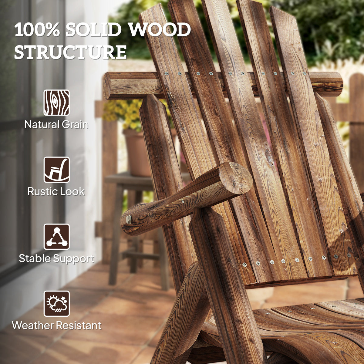Wooden Outdoor Rocking Chair, Oversized Adirondack Patio Rocker with High Back and Slatted Seat, Carbonized – view 4