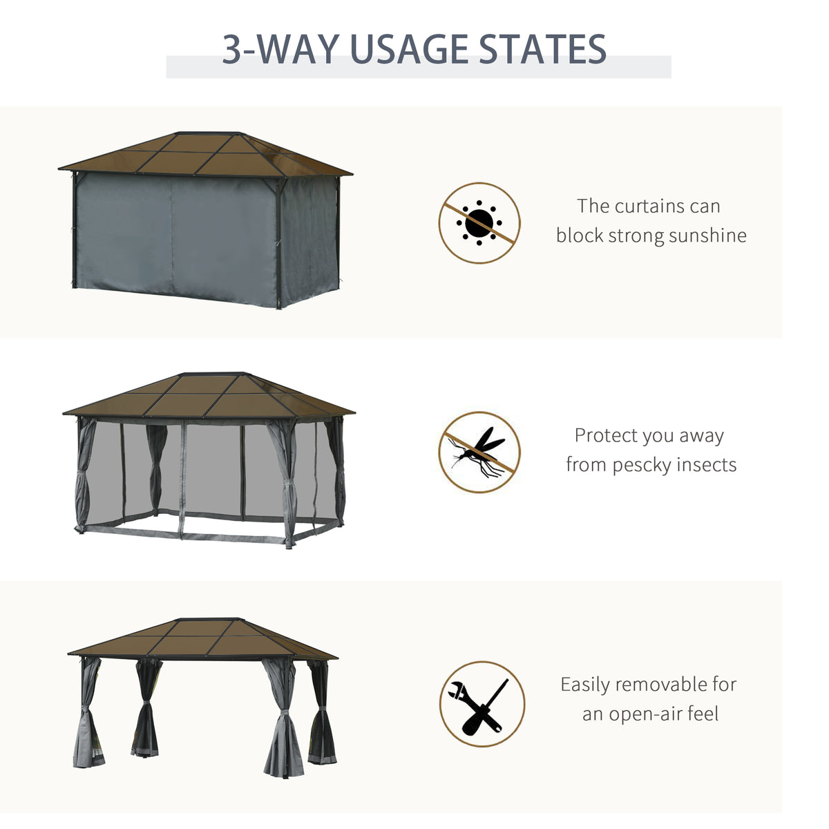 9.8' x 9.8' Garden Aluminium Gazebo Hardtop Roof Canopy Marquee Party Tent Patio Outdoor Shelter with Mesh Curtains & Side Walls, Grey