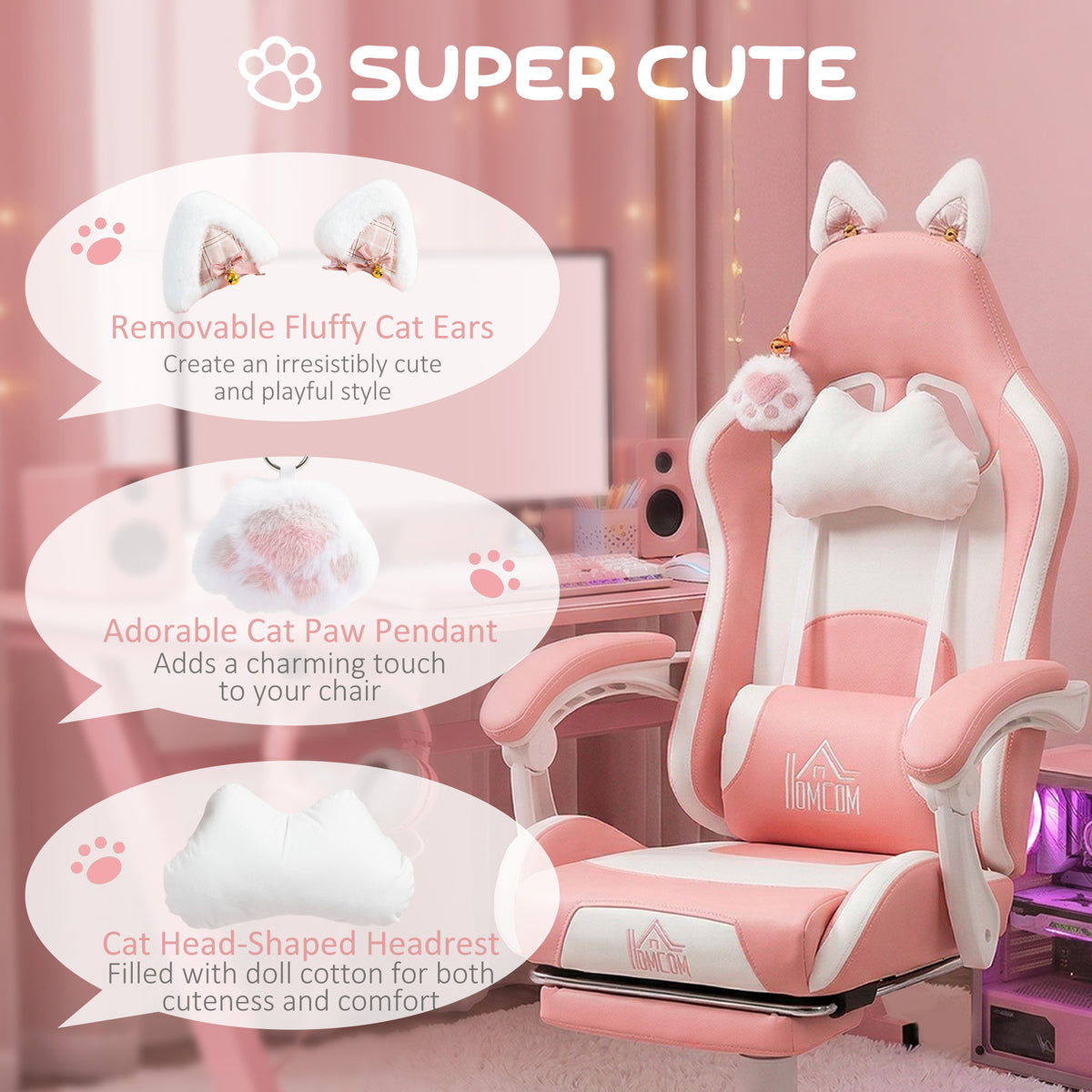 Cute Racing Gamer Chair, Faux Leather Gaming Chair with Footrest, Headrest and Lumbar Support, Black – view 10