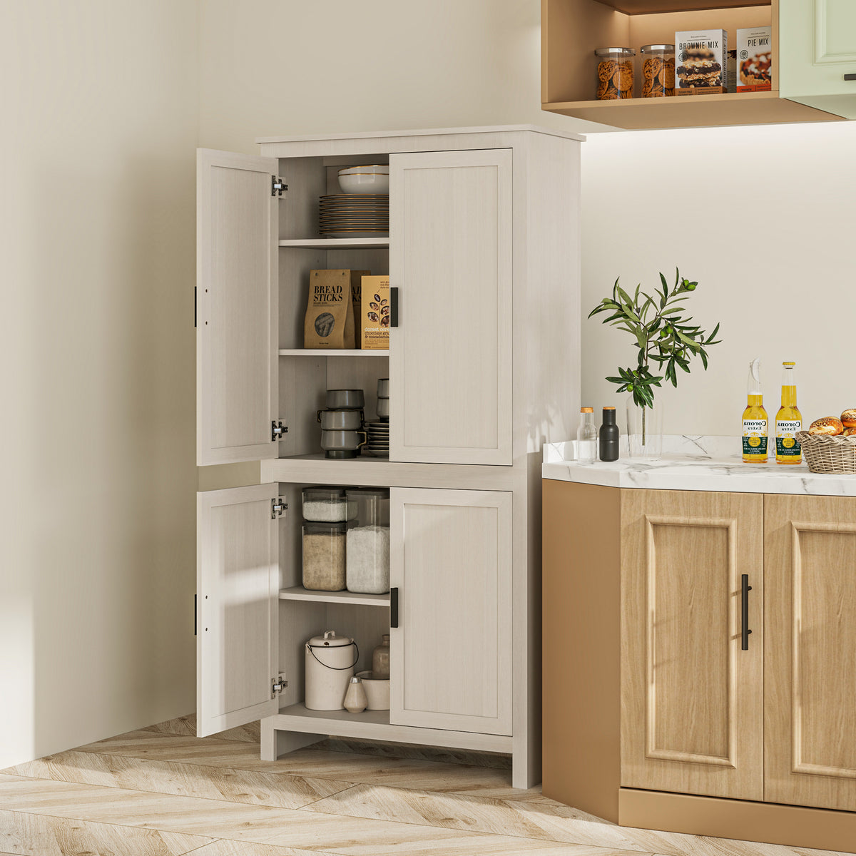 64" Kitchen Pantry Cabinet, Freestanding Storage Cabinet with 4 Doors, 3 Adjustable Shelves, Antique White