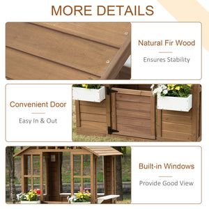Kids Wooden Playhouse, Outdoor Garden Games Cottage with Flowers Pot Holder, Working Door, Windows, Brown
