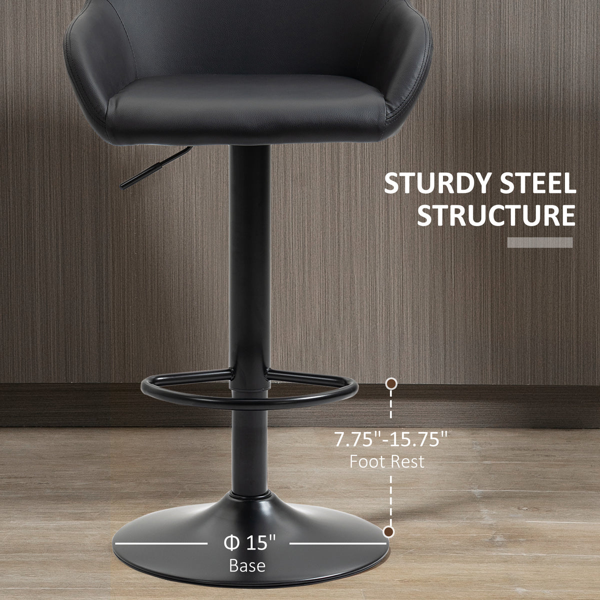 Adjustable Bar Stools Set of 2, Swivel Barstools with Footrest and Back, PU Leather and Steel Round Base, Black