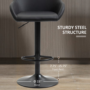 Adjustable Bar Stools Set of 2, Swivel Barstools with Footrest and Back, PU Leather and Steel Round Base, Black