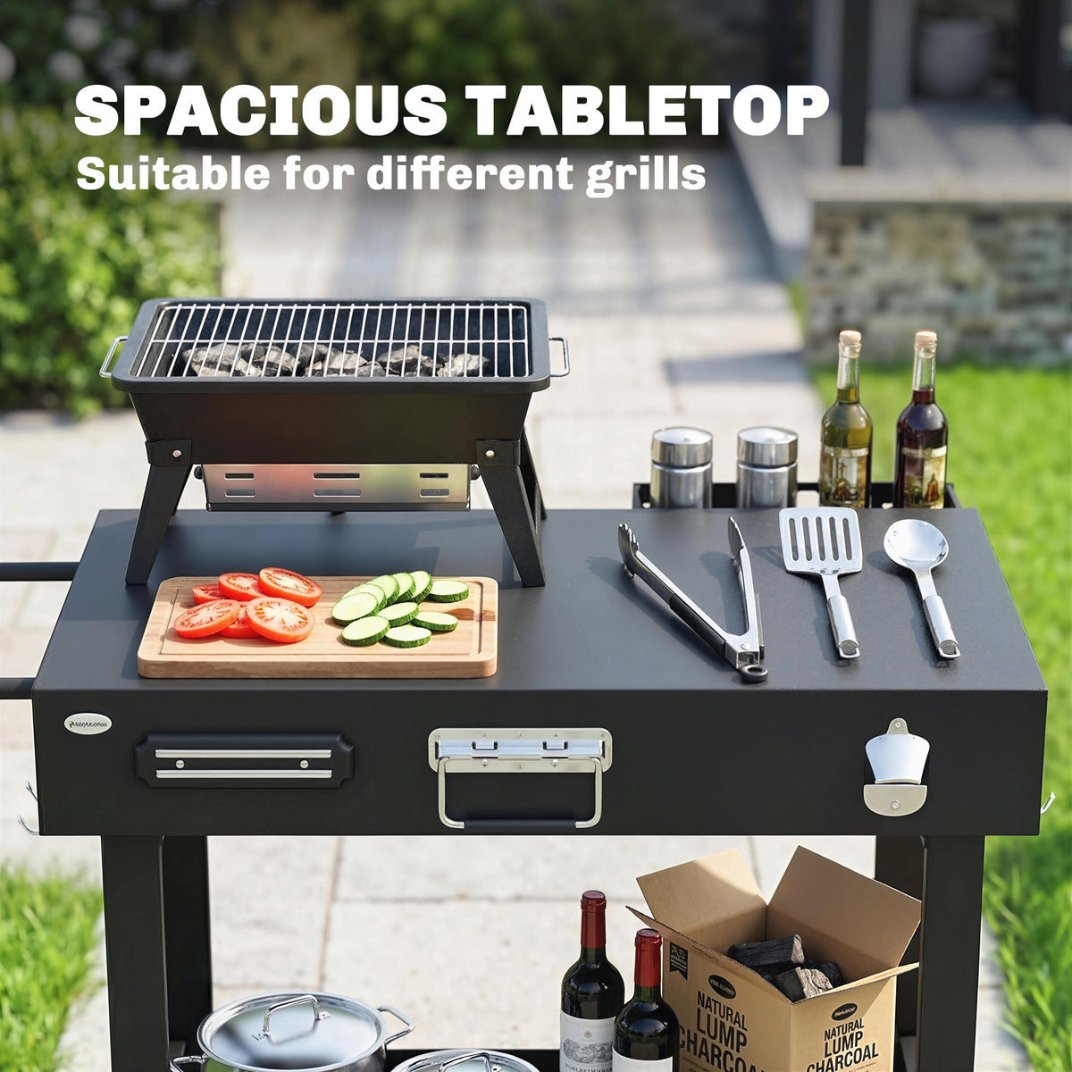 Outdoor Grill Cart, Folding Grill Table with Magnetic Knife Holder, Hooks, Spice Rack, Paper Rack, Black
