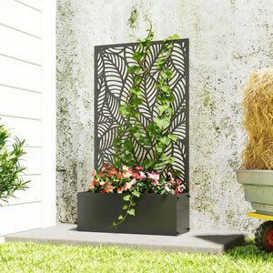 Metal Planter Box with Trellis, 44.5" Raised Garden Bed with Trellis Privacy Screen for Climbing Plants, Leaves Cut-Out