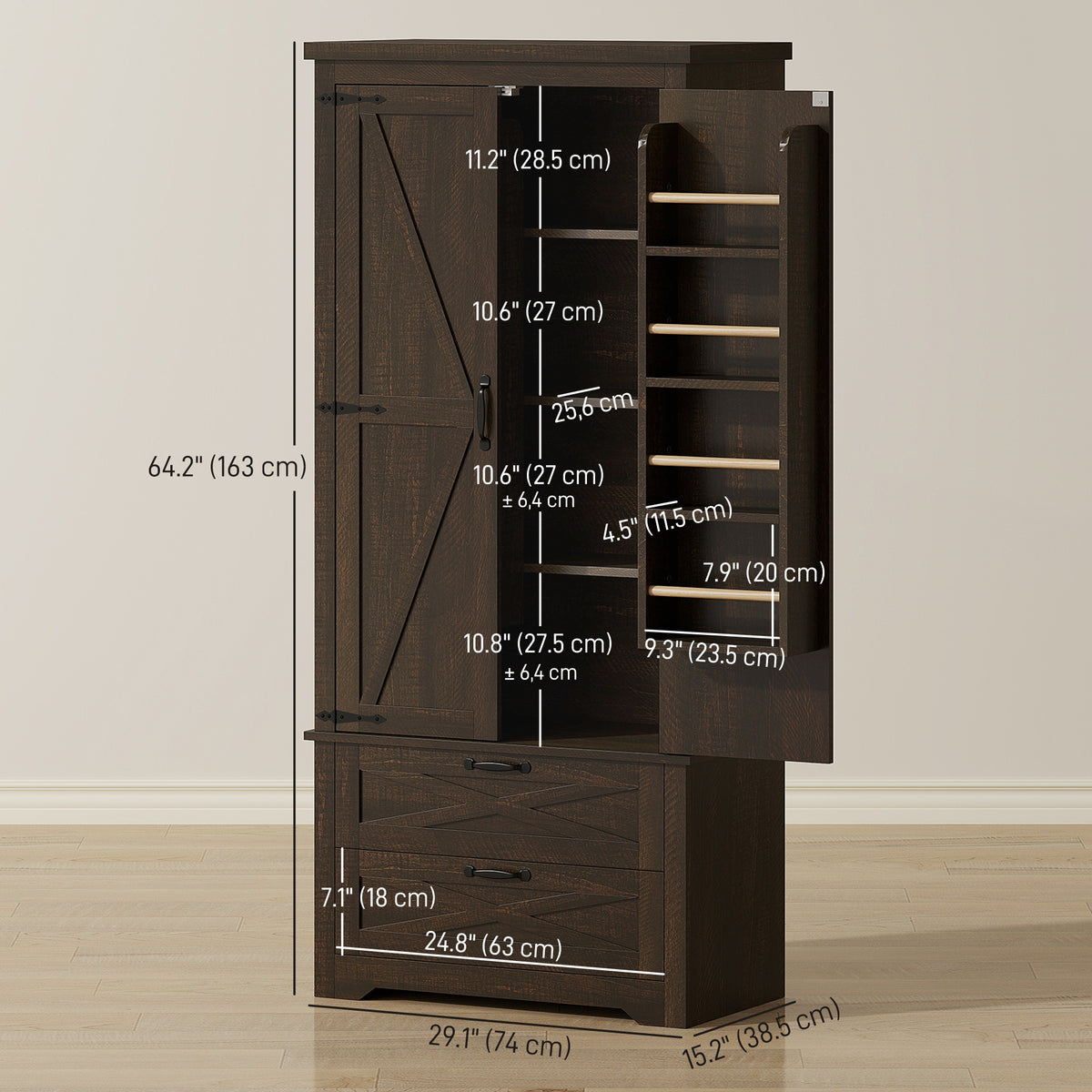Farmhouse Kitchen Pantry Storage Cabinet, 64" Freestanding Kitchen Pantry Cabinet with Drawers – view 9