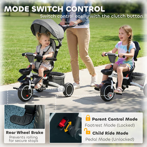 Aosom Tricycle for Toddler 6-in-1 Kids Trike, Foldable Converts Stroller to Baby Push Bike, Adjustable Backrest with Detachable Guardrail & Handle, Brake for 1-4 Years Old