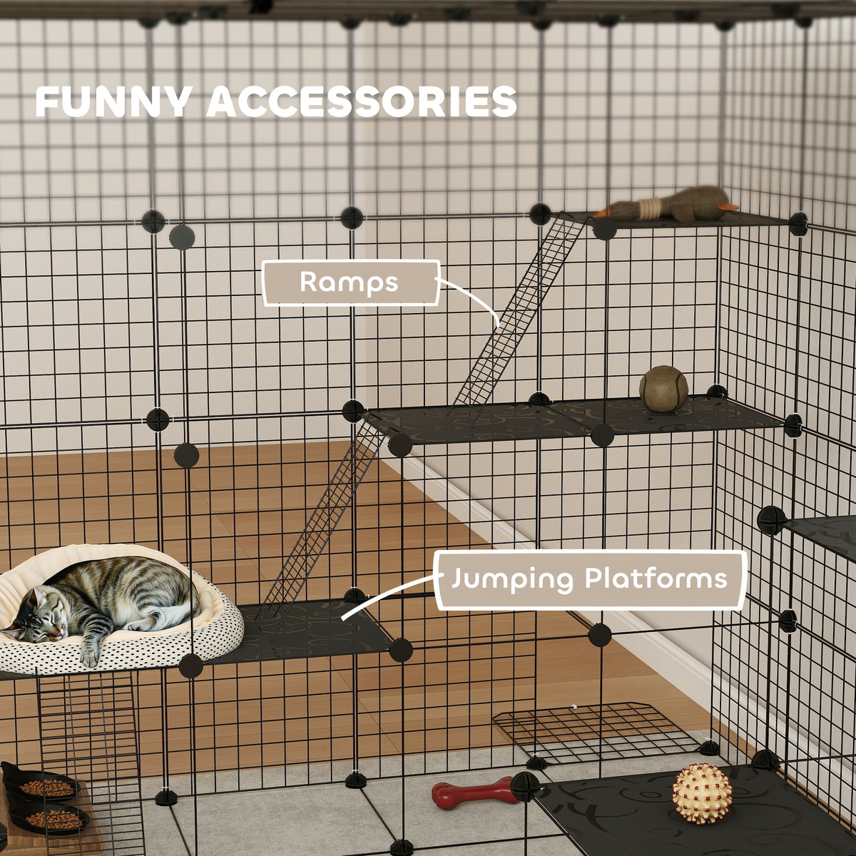 4 Tier DIY Cat Cage Indoor, Catio for 1-3 Cats with Hammock, 5 Doors, 3 Ramps, 3 Jumping Platforms – view 13