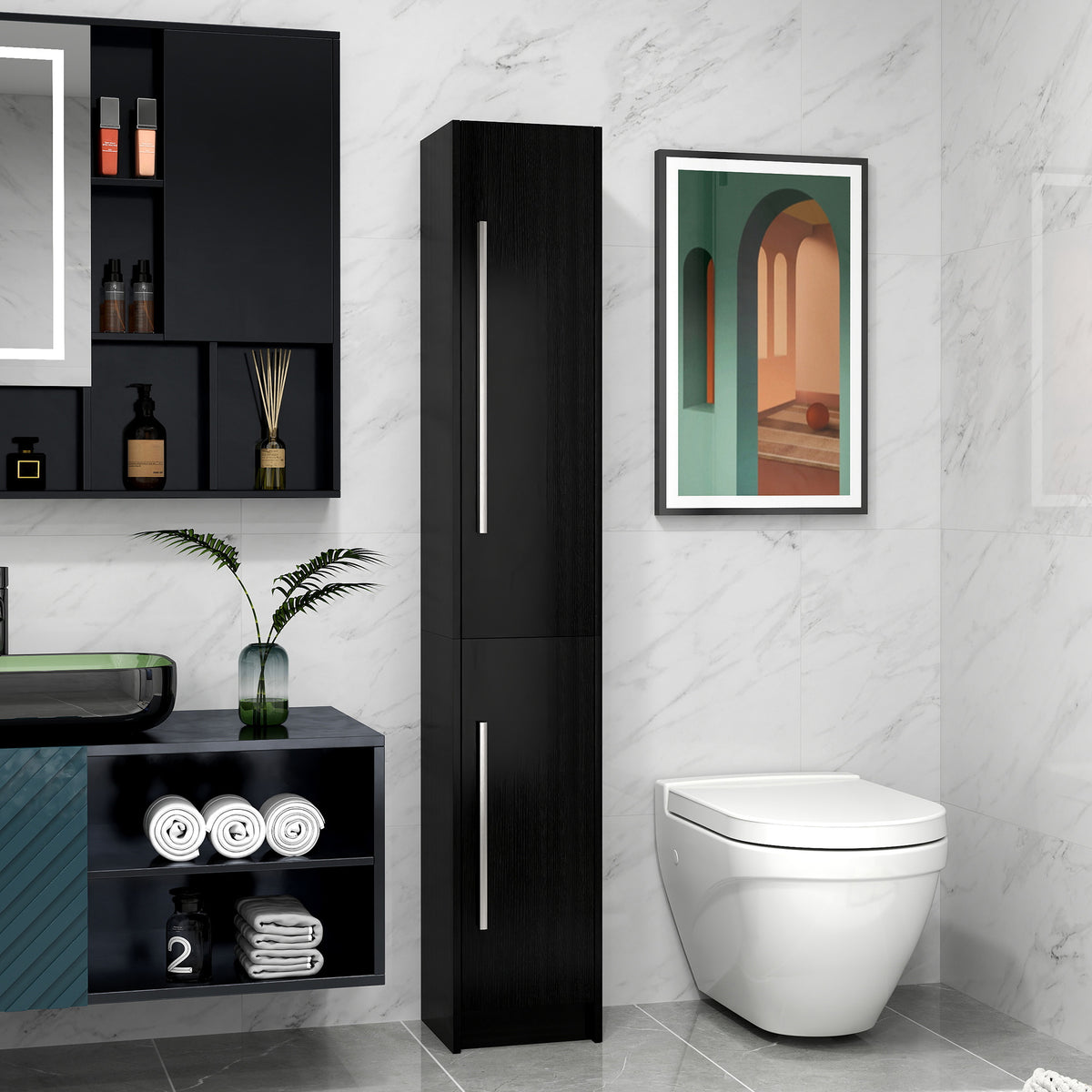 Freestanding Tall Bathroom Storage Cabinet with Adjustable Shelves, Bathroom Organizer, Black Wood Grain