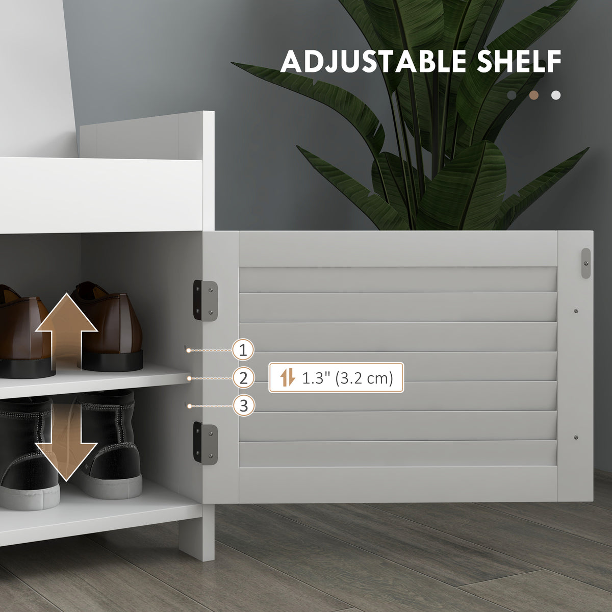 Entryway Bench with Cushion, Hidden Storage, Adjustable Shelves and Shutter Doors, 35.4" Shoe Bench, White