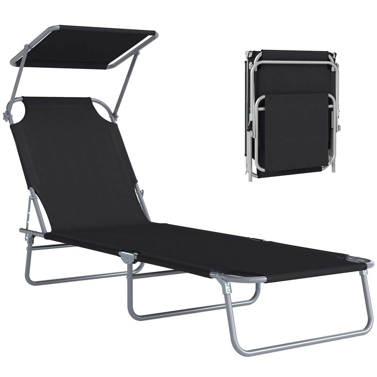 Outdoor Lounge Chair, Adjustable Folding Chaise Lounge, Tanning Chair with Sun Shade for Beach, Camping, Hiking, Backyard, Black