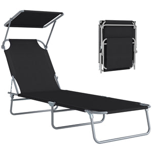 Outdoor Lounge Chair, Adjustable Folding Chaise Lounge, Tanning Chair with Sun Shade for Beach, Camping, Hiking, Backyard, Black