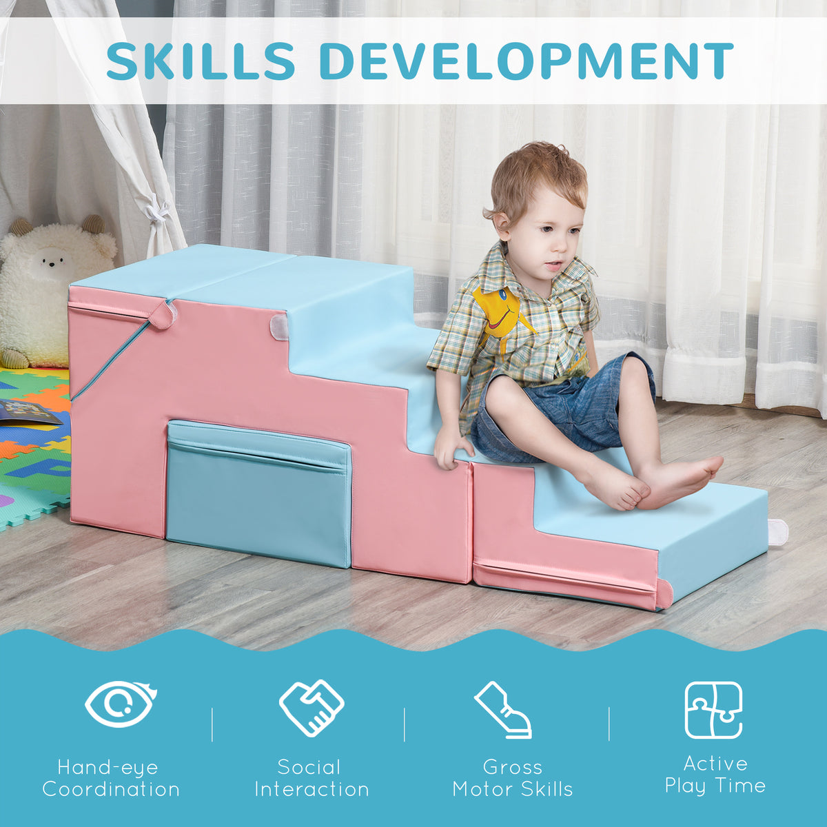 Qaba 2-Piece Soft Play Kids Foam Play Se for Crawl and Climb, Light Blue
