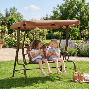 2-Seat Kids Porch Swing Chair, Children Outdoor Patio Furniture Lounge Chair for Garden, with Adjustable Canopy, Seat Belt, Monkey Pattern, for 3-6 Years Old, Coffee