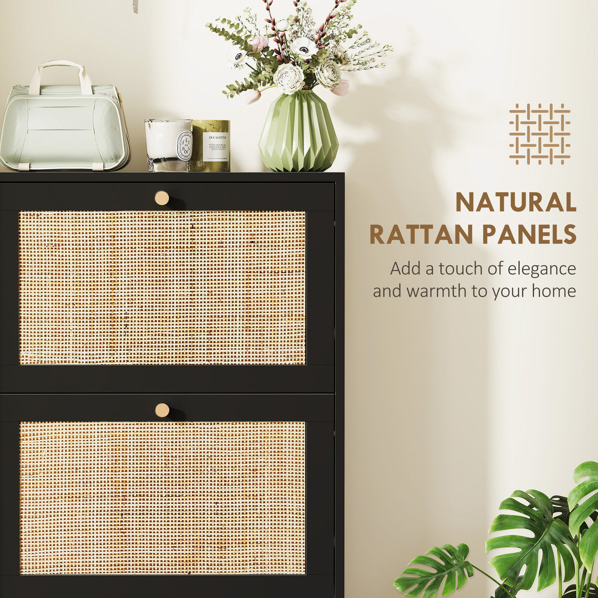 Rattan Shoe Storage Cabinet with 3 Flip Drawers and Adjustable Shelves, Entryway Shoe Cabinet for 18 Pairs – view 12
