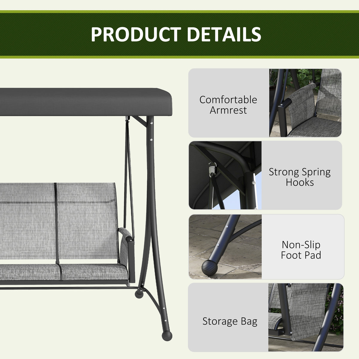 3 Person Porch Swing Outdoor Swing Chair with High Back Design, Side Pouches and Adjustable Canopy, Brown – view 12
