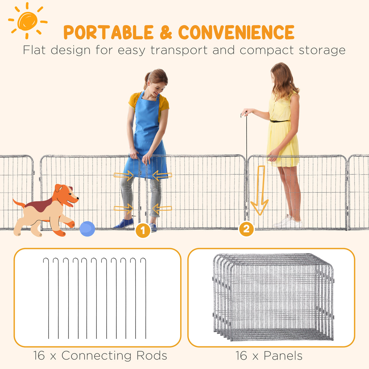 Heavy Duty Dog Playpen, 16 Panels Pet Playpen Dog Fence, Portable Puppy Exercise Pen, with 2 Doors Locking Latch, Outdoor or Indoor Use 23.5" Height