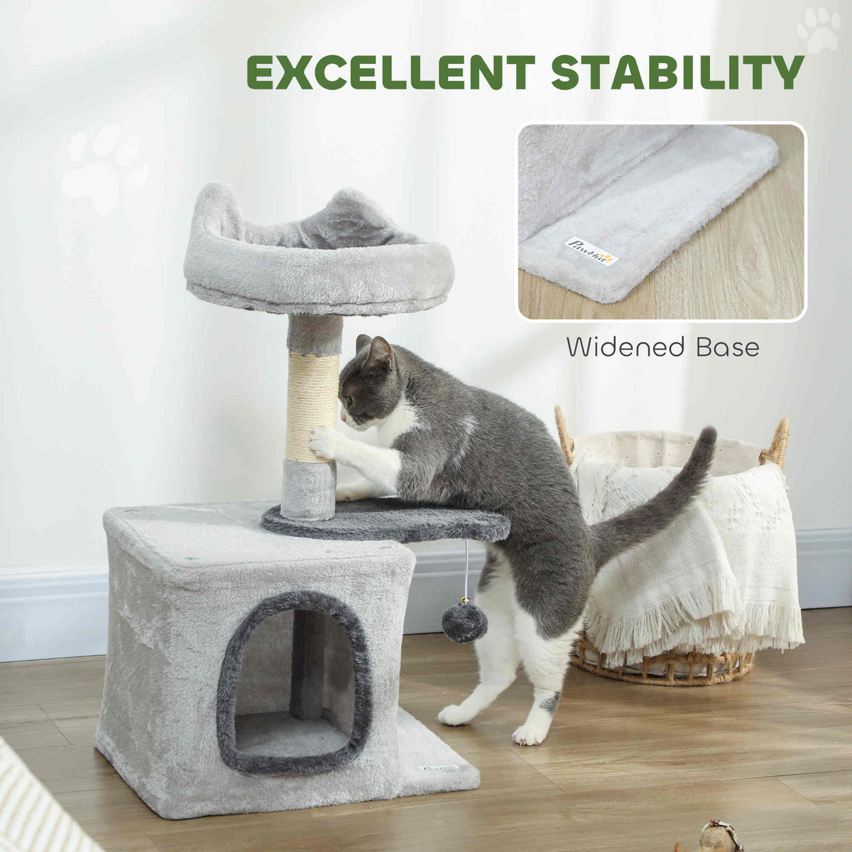 28" Cat Tree Tower with Plush Top Bed, Cozy Condo, Sisal Scratching Post, Perch, Dangling Ball, Beige and Yellow
