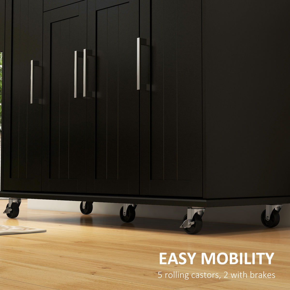 Modern Rolling Kitchen Island Cart with Drawers, Natural Wood Top, Towel Rack, Door Storage Cabinet, Black – view 6