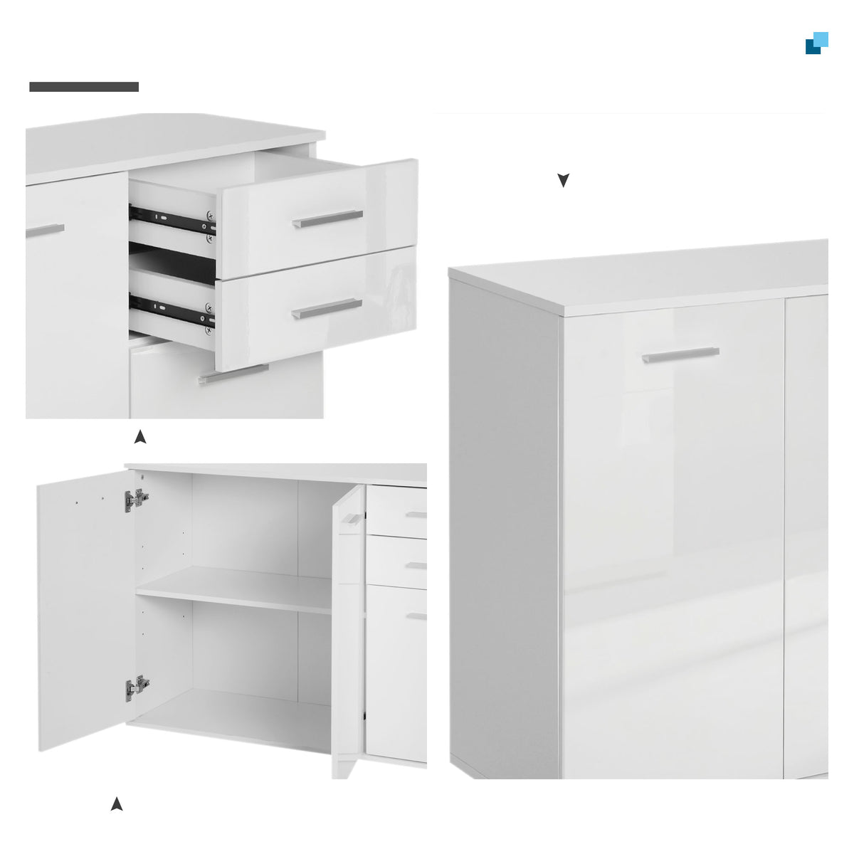 High Gloss Sideboard with 2 Drawers and 3 Doors, Buffet Cabinet with Adjustable Shelf, Coffee Bar Cabinet with Storage, White