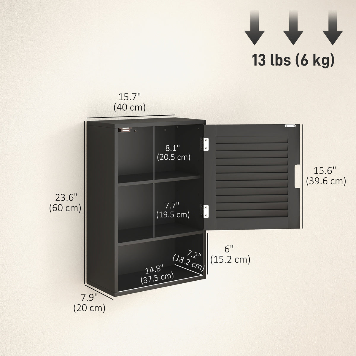 Bathroom Cabinet, Wall Mounted Storage Cabinet with Adjustable Shelves, 40 x 20 x 60 cm, Black – view 2