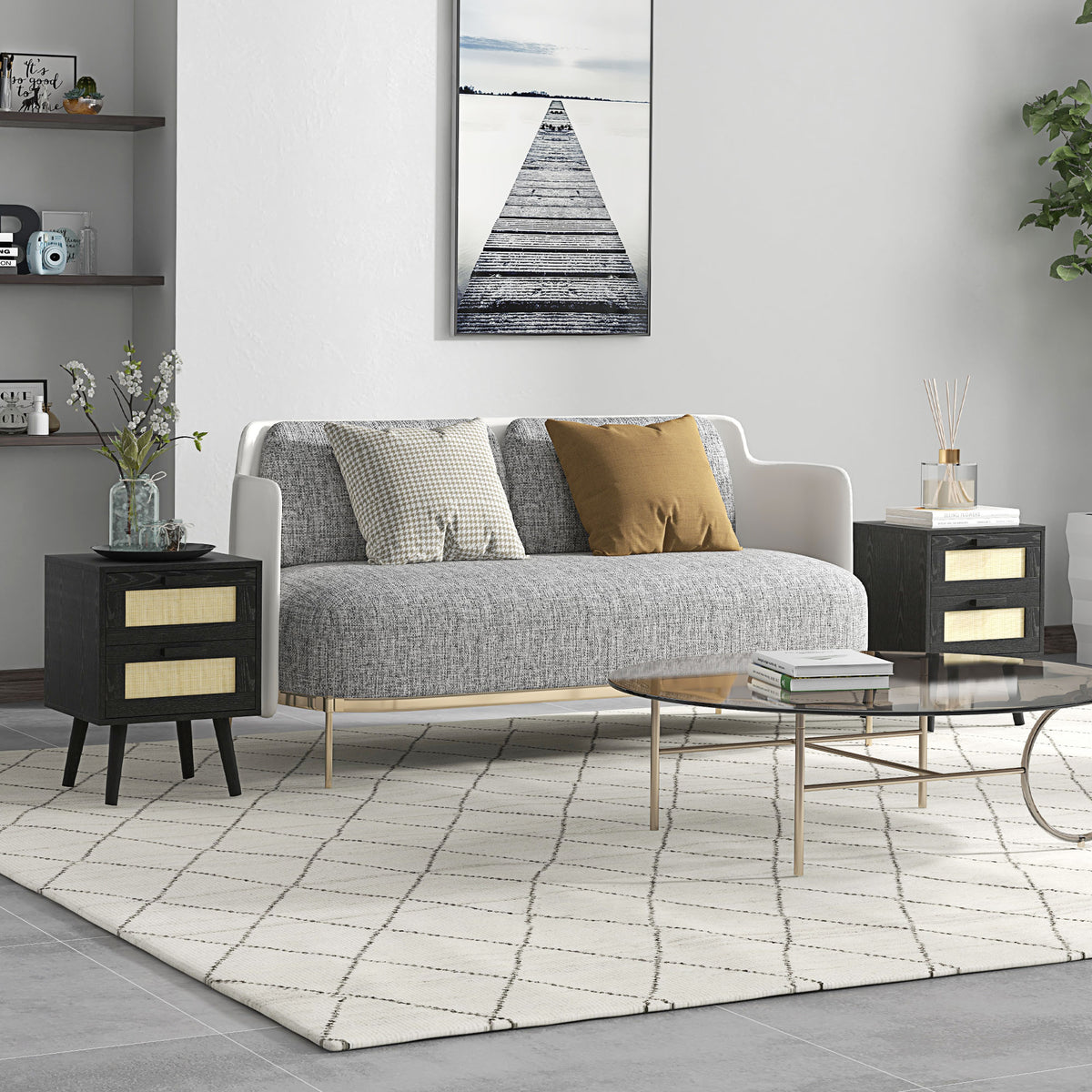 Boho Design Nightstand Set of 2, Side End Table with 2 Drawers for Living Room, Bedroom