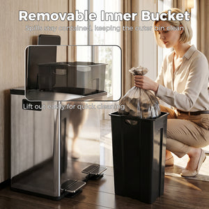 Garbage Bin, Soft-Close Trash Can with Foot Pedal, 2x5 Gal (2x20 L) Garbage Can with Removable Inner Buckets, Silver