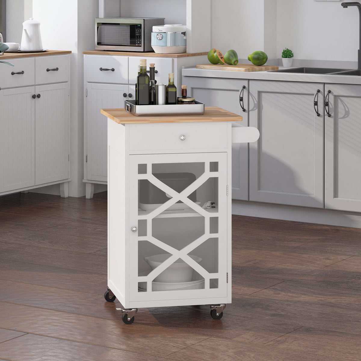 Kitchen Cart on Wheels, Rolling Kitchen Island with Drawer, Glass Door, Towel Rack and Adjustable Shelf, White