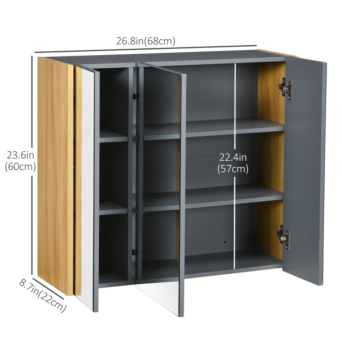 Wall Mounted Medicine Cabinet with Mirror Wall Mirror Cabinet with 3 Doors and Adjustable Storage Shelves Gray